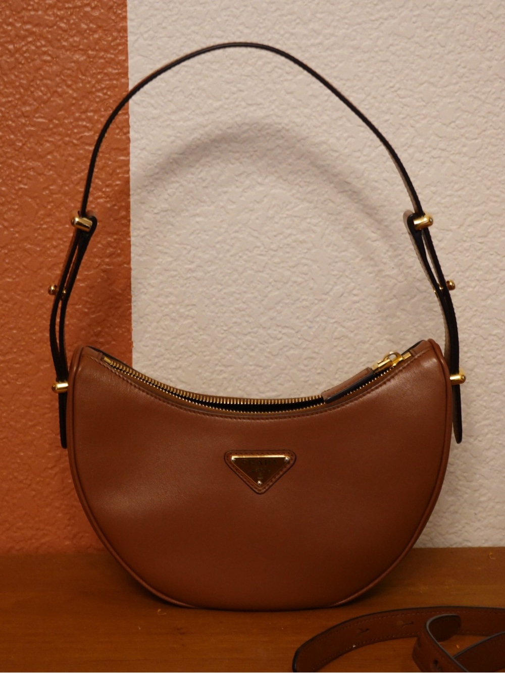 PRADA Arqué Cognac Brown Leather Shoulder Bag - Gold Hardware - Great Condition
